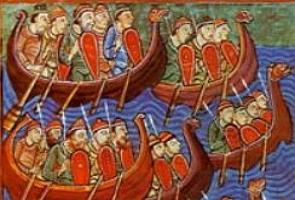Pintura de embarcações com guerreiros vikings