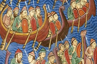 Pintura medieval mostrando vikings desembarcando na Inglaterra no s&eacute;culo X